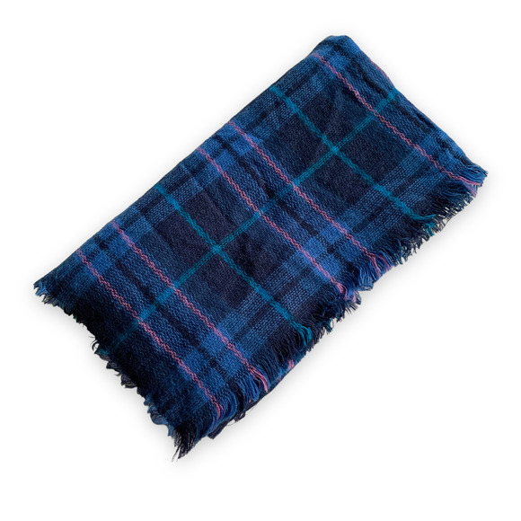 OVERSIZE blue/green plaid lightweight classic fringed blanket scarf ONE SIZE - Picture 3 of 3